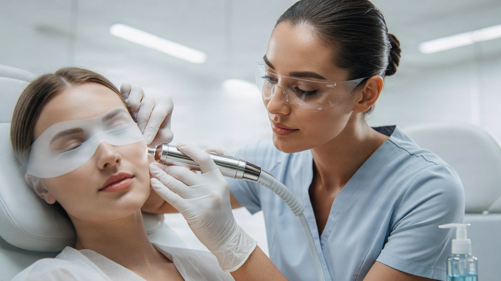 A professional aesthetic laser treatment being performed on a patient's face for sun damage.